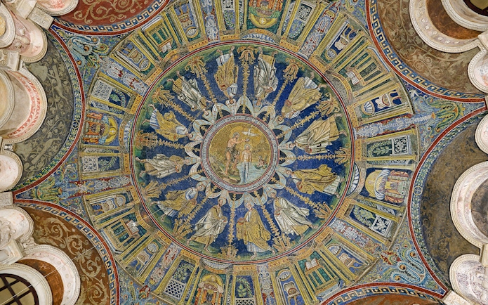 Ravenna Baptistery ceiling mosaic depicting religious figures and scenes.
