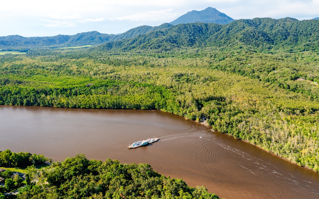 Daintree River ferry crossing surrounded by lush rainforest in Queensland, Australia.