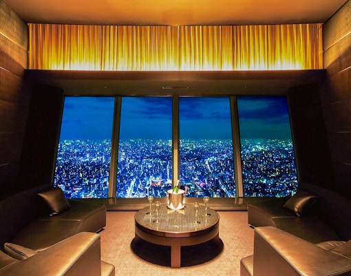 Tokyo's Sky Restaurant 634 Grand Room with panoramic city views.