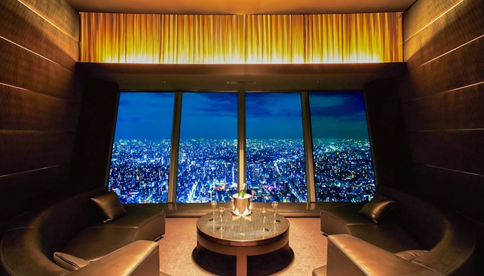 Tokyo's Sky Restaurant 634 Grand Room with panoramic city views.
