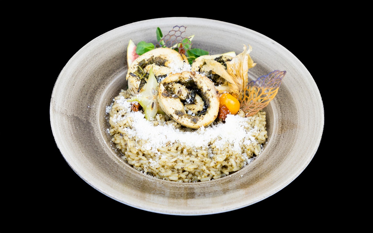 Chicken roulade with risotto on Budapest Dinner Cruise.