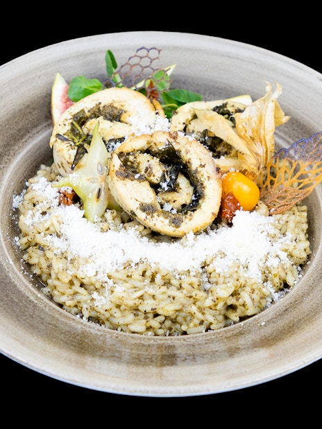 Chicken roulade with risotto on Budapest Dinner Cruise.