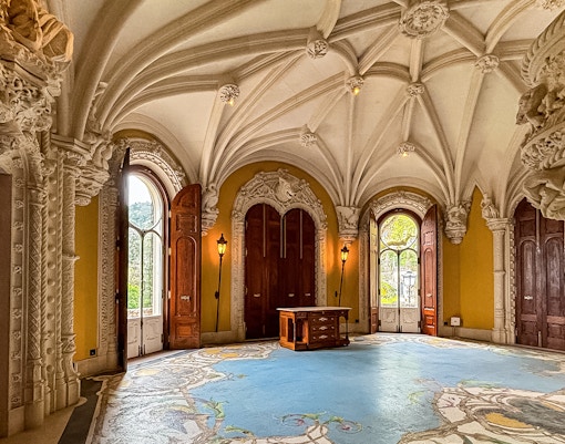Quinta de Regaleira ornate interiors with intricate carvings in Sintra, Portugal.