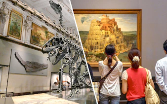 Dinosaur skeleton exhibit and visitors viewing a historic painting in a museum.