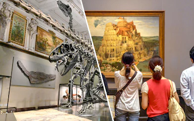 Dinosaur skeleton exhibit and visitors viewing a historic painting in a museum.