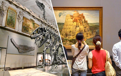 Dinosaur skeleton exhibit and visitors viewing a historic painting in a museum.