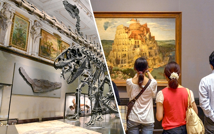 Dinosaur skeleton exhibit and visitors viewing a historic painting in a museum.