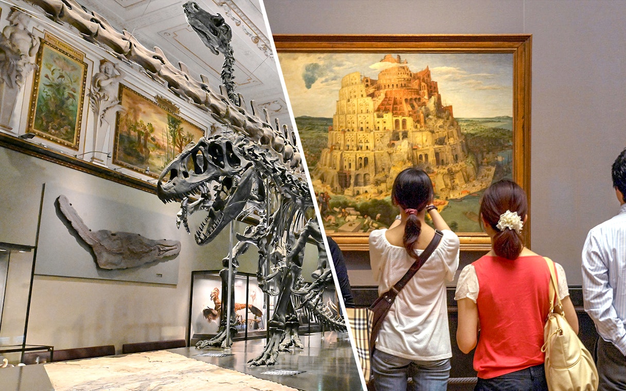 Dinosaur skeleton exhibit and visitors viewing a historic painting in a museum.