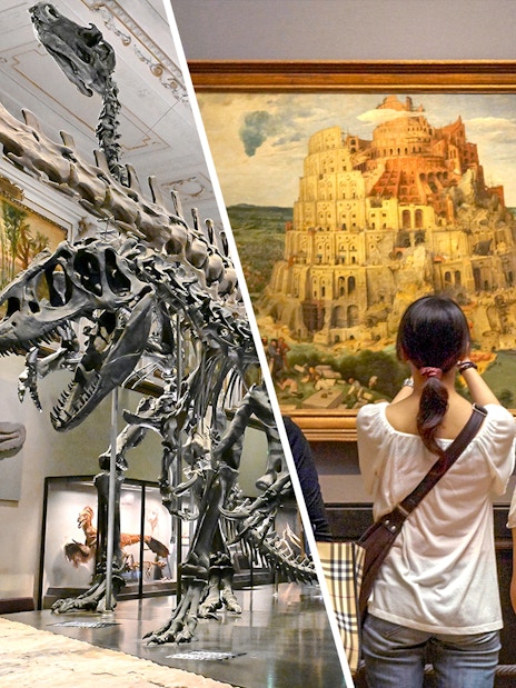 Dinosaur skeleton exhibit and visitors viewing a historic painting in a museum.