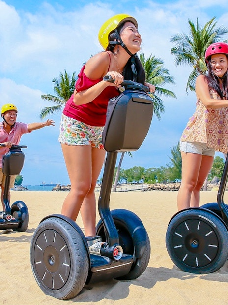 Group enjoying Segway ride on sandy beach with palm trees, part of Gogreen Segway Eco Adventure.