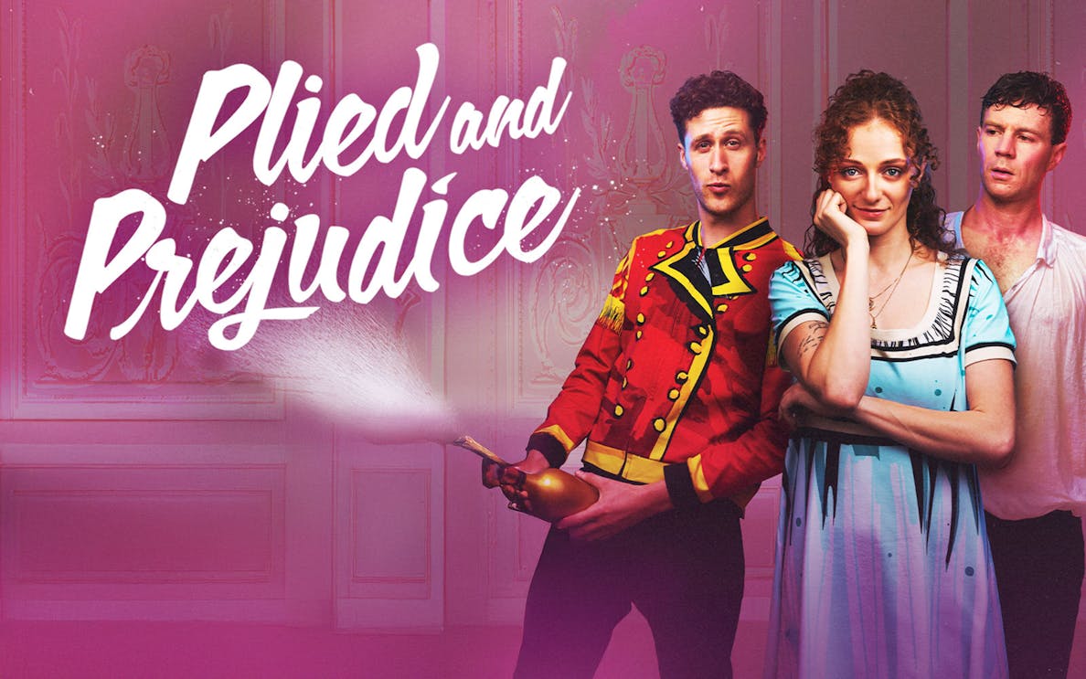 Actors performing on stage in the comedic theatre show "Plied and Prejudice" in London.