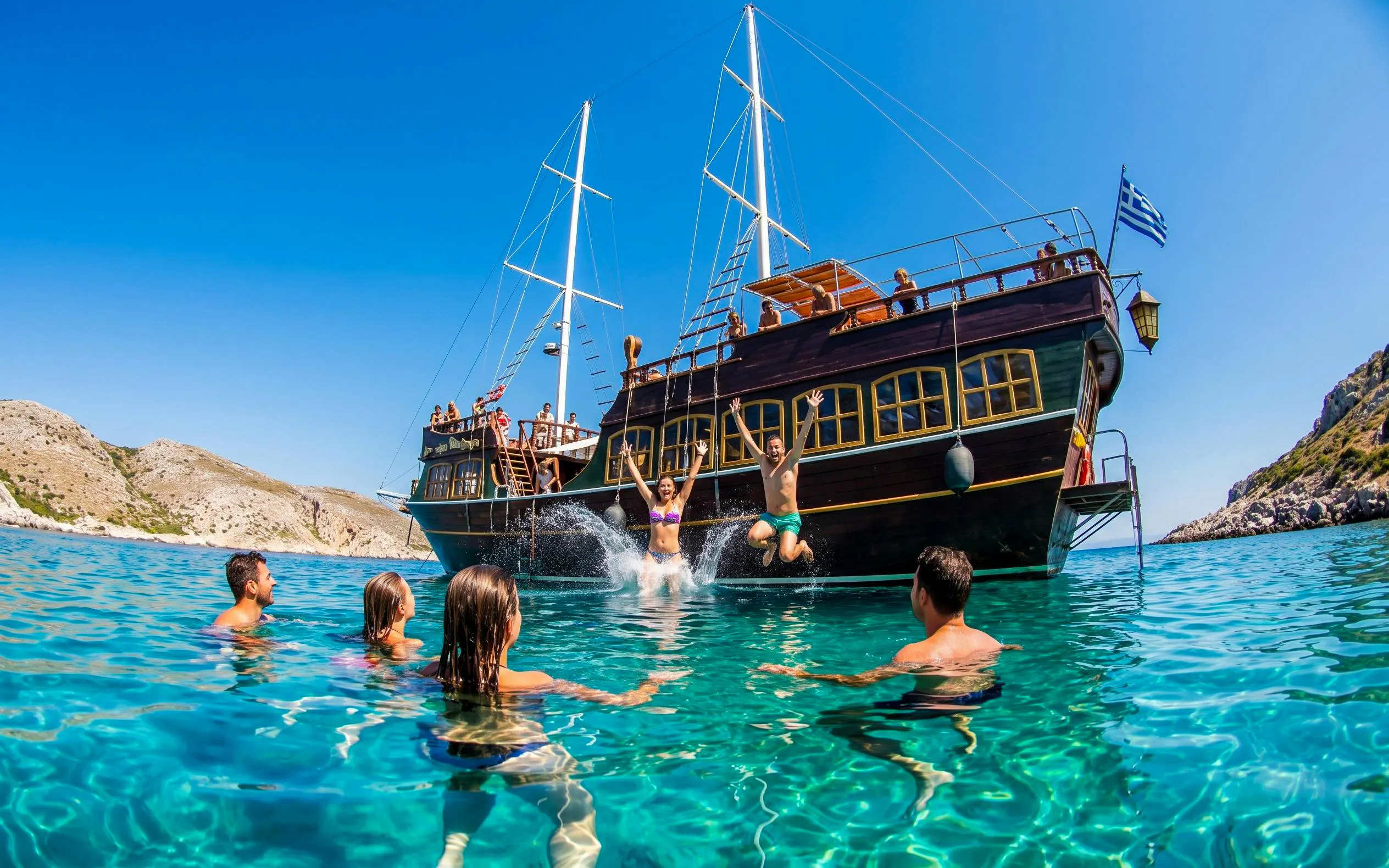 People swimming near a boat during a Rhodes sightseeing cruise.