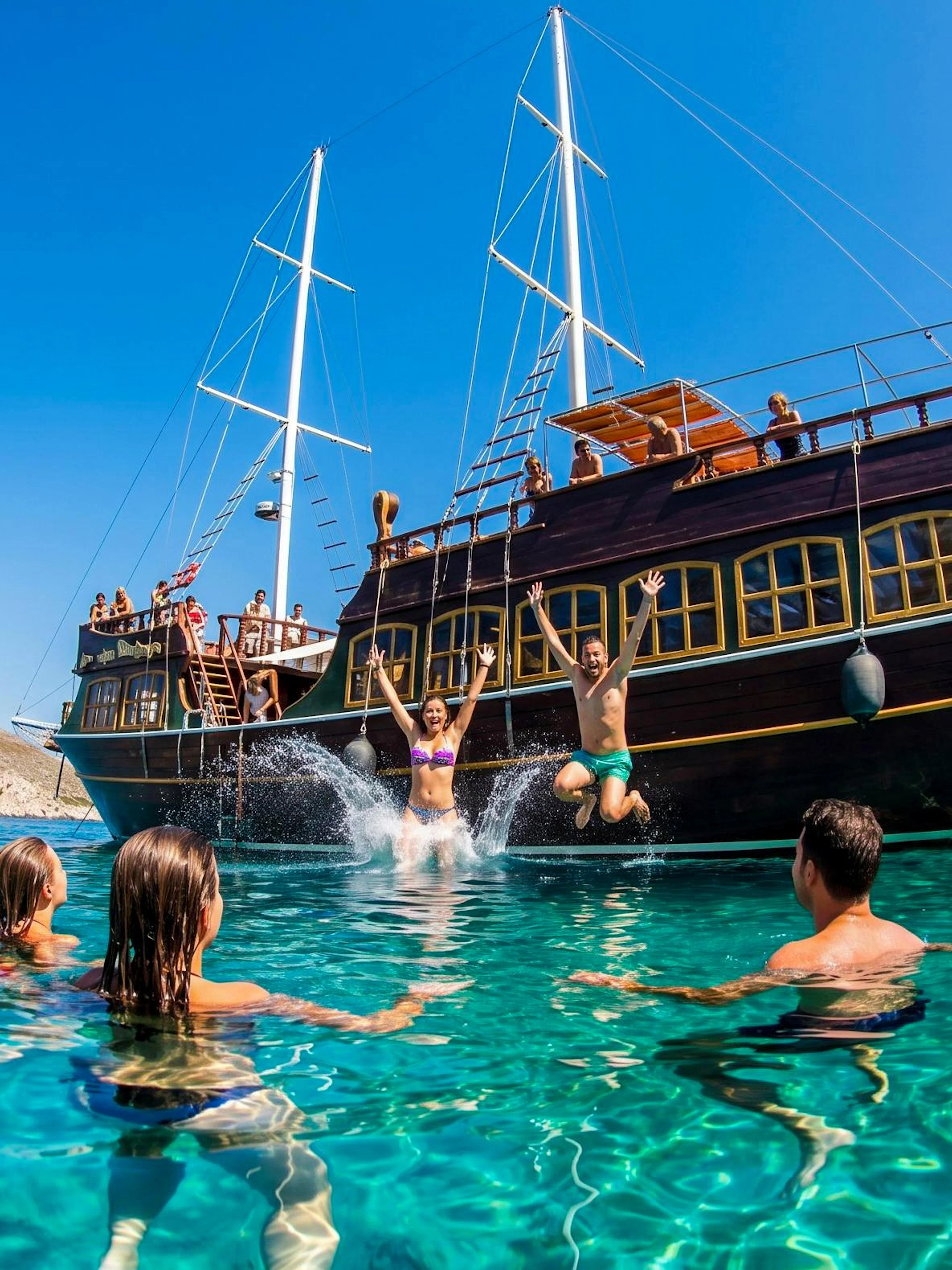 People swimming near a boat during a Rhodes sightseeing cruise.