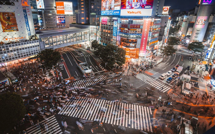 Shibuya Scramble Crossing at night with city lights and crowds, Tokyo tour view.