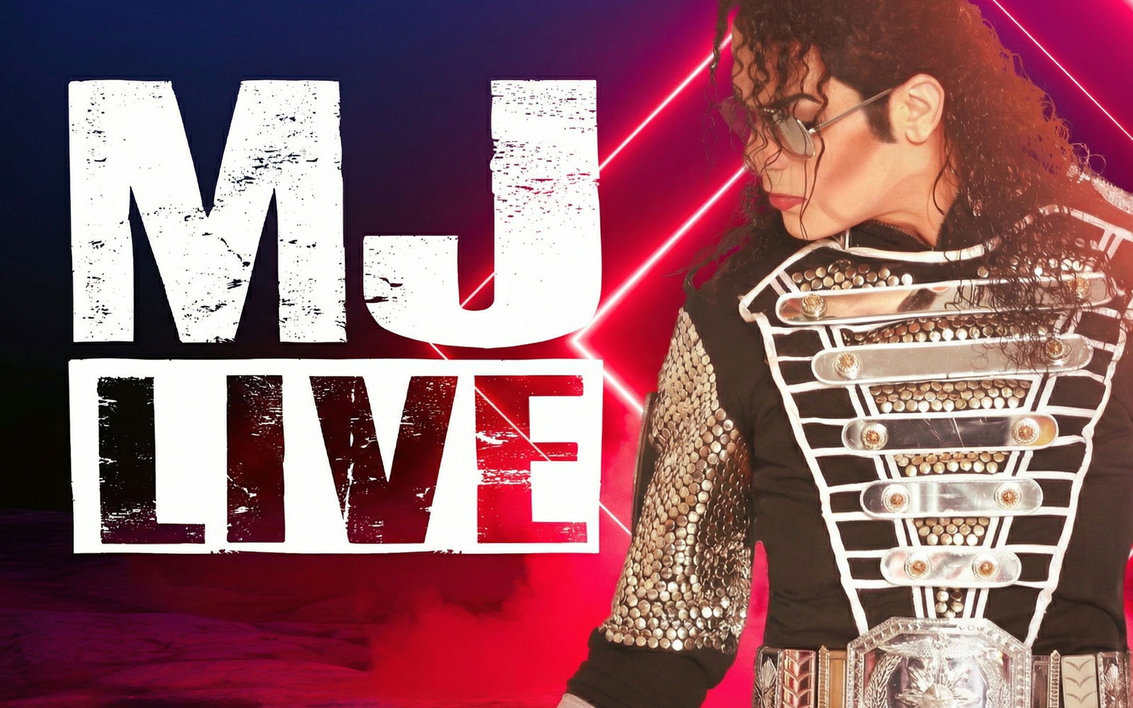 MJ Live show poster with performer in military-style costume, Las Vegas.