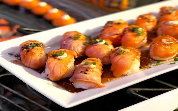 Salmon sushi platter served on the Chao Phraya Princess Cruise in Bangkok.
