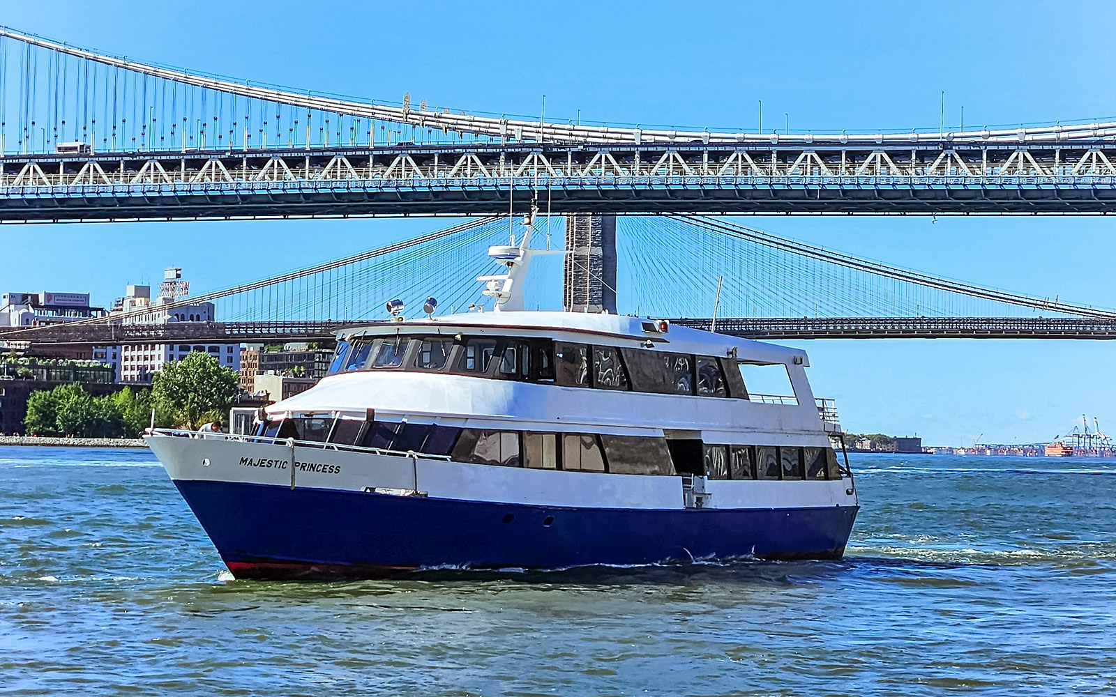 Statue of Liberty and Ellis Island cruise boat with New York City skyline in background.