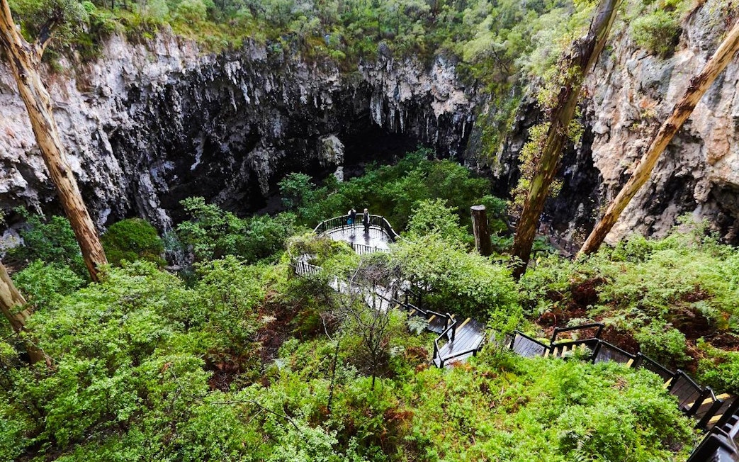 Walkway leading to lush Margaret River Caves surrounded by dense greenery.