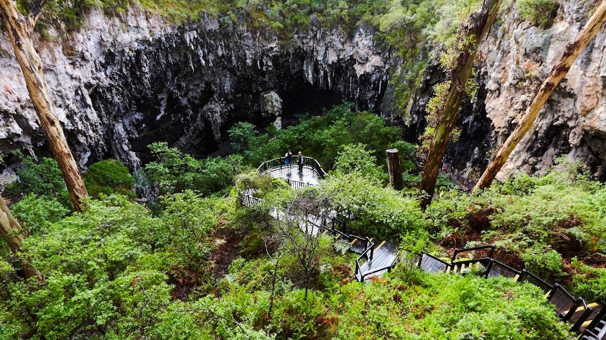 Walkway leading to lush Margaret River Caves surrounded by dense greenery.