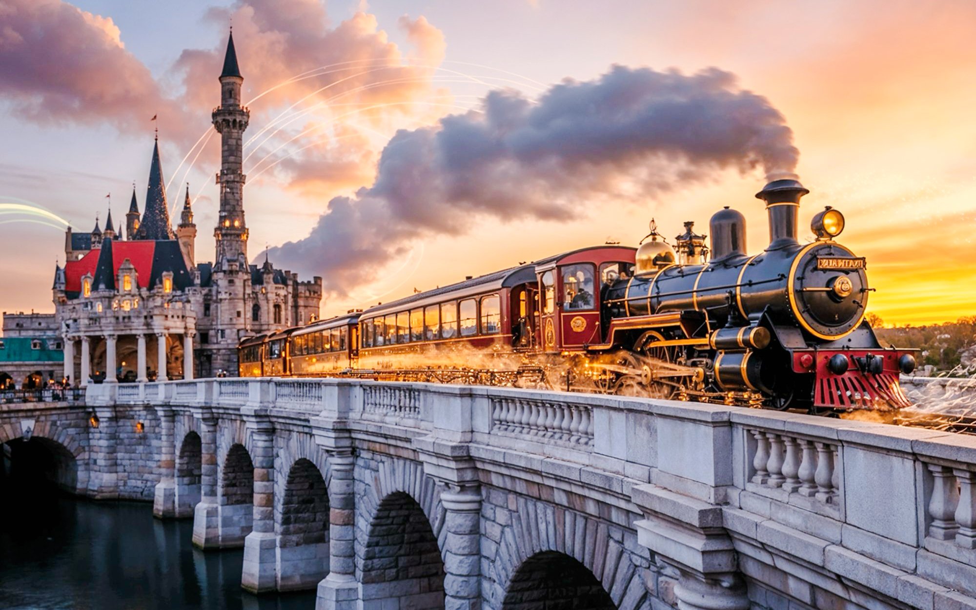 Steam train crossing a bridge towards Disneyland Paris at sunset, France.