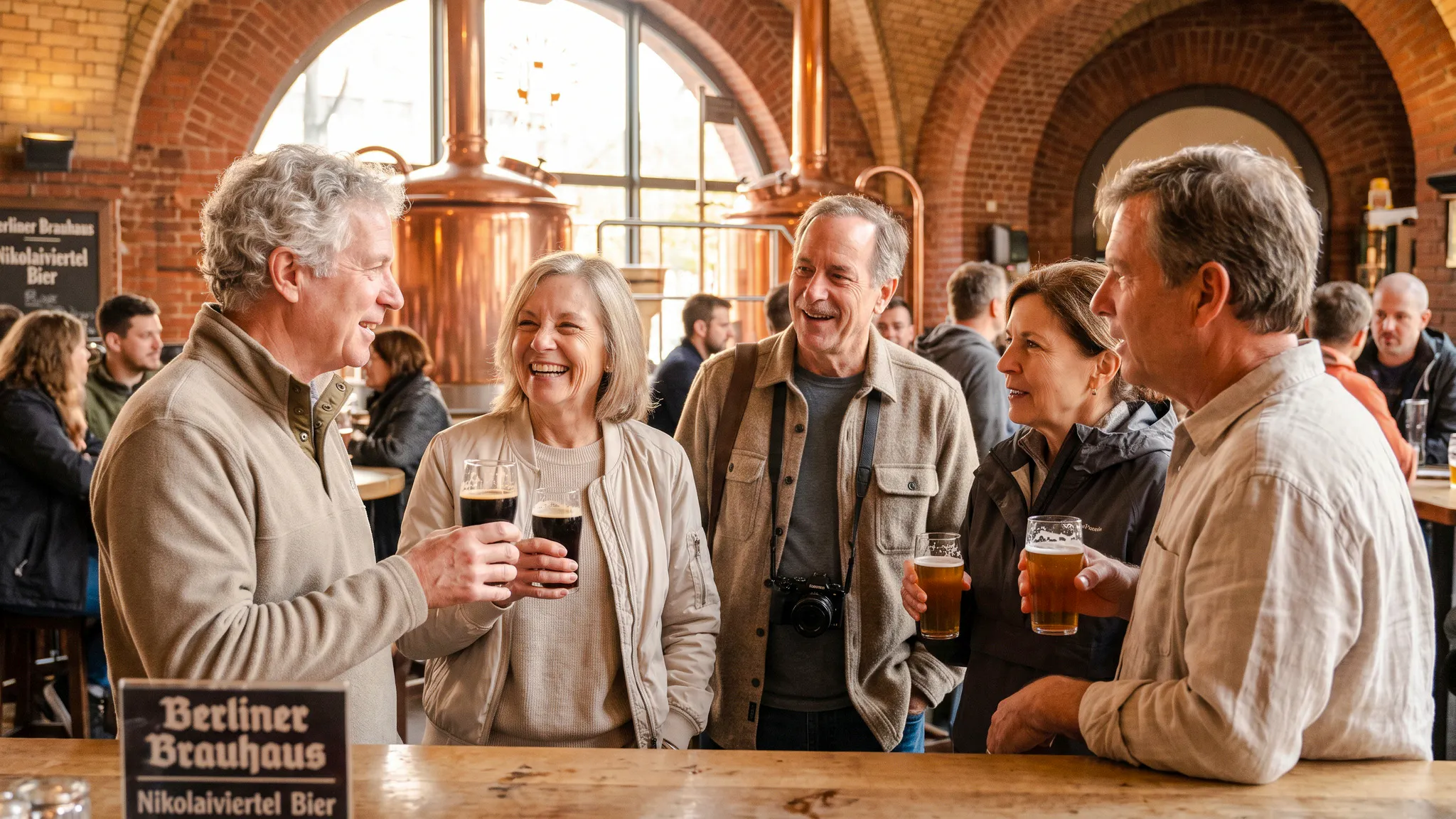 Group enjoying beers at a Berlin brewery during Oktoberfest walking tour.
