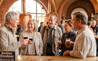 Group enjoying beers at a Berlin brewery during Oktoberfest walking tour.