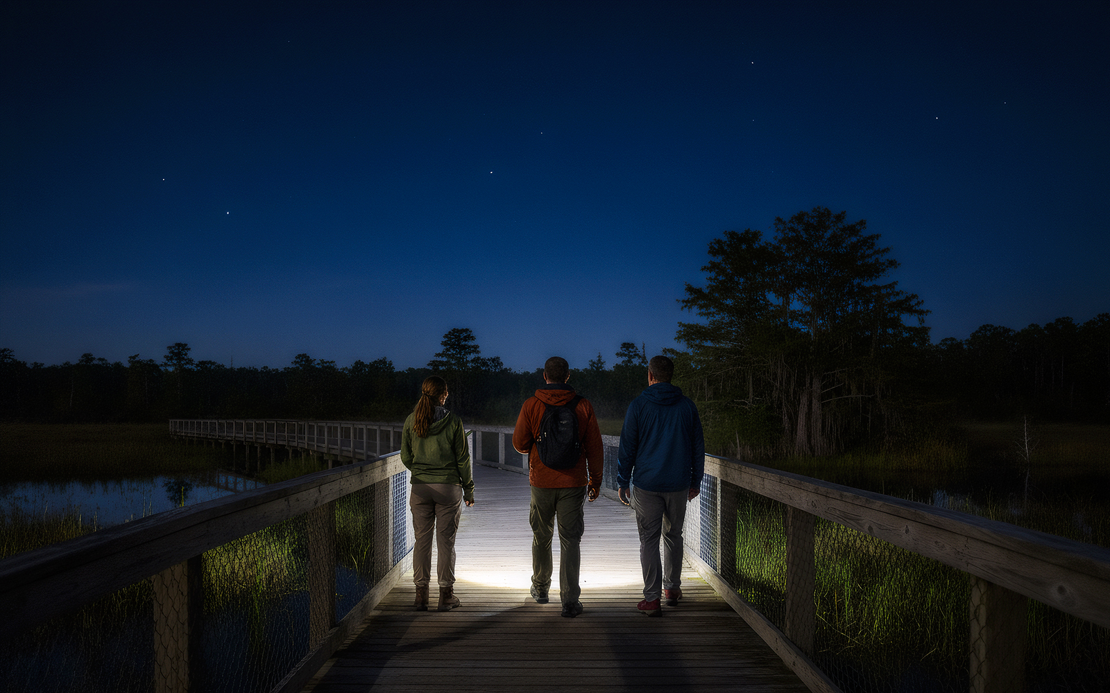 Visitors on a Gatorland flashlight tour walking on a boardwalk at night.