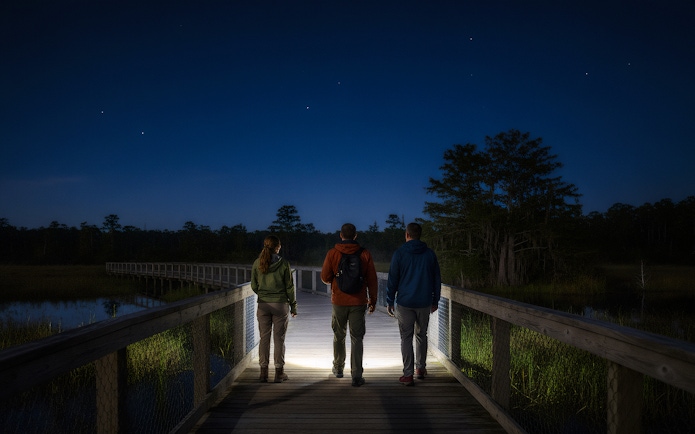 Visitors on a Gatorland flashlight tour walking on a boardwalk at night.