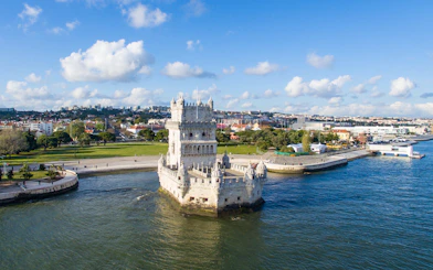 Aerial view of Belém Tower and surrounding area in Lisbon, Portugal.