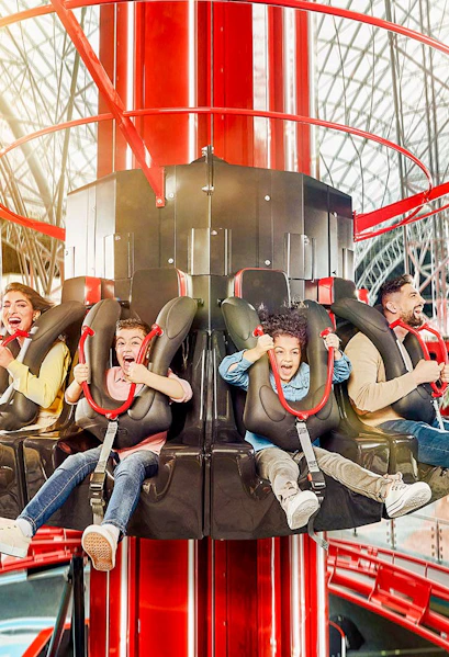 Visitors on the Turbo Tower ride at Ferrari World, YAS Island, Abu Dhabi.