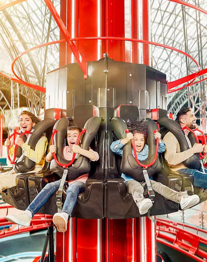 Visitors on the Turbo Tower ride at Ferrari World, YAS Island, Abu Dhabi.