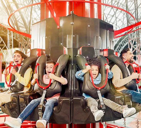 Visitors on the Turbo Tower ride at Ferrari World, YAS Island, Abu Dhabi.