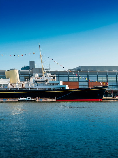 Royal Yacht Britannia docked at Ocean Terminal, Edinburgh.