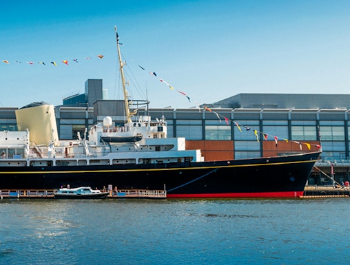 Royal Yacht Britannia docked at Ocean Terminal, Edinburgh.