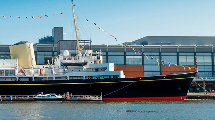 Royal Yacht Britannia docked at Ocean Terminal, Edinburgh.