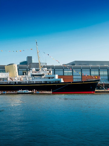 Royal Yacht Britannia docked at Ocean Terminal, Edinburgh.