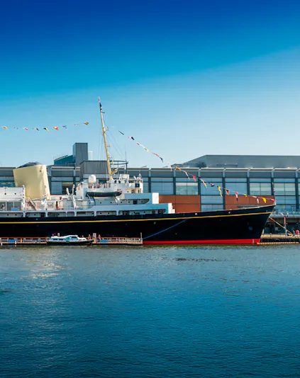 Royal Yacht Britannia docked at Ocean Terminal, Edinburgh.
