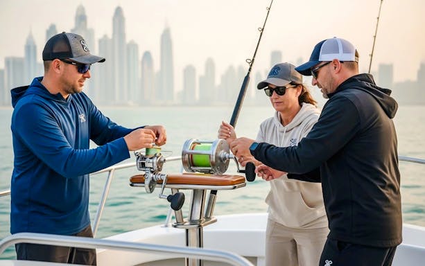 People preparing fishing lines on a sports fishing cruise in Dubai.