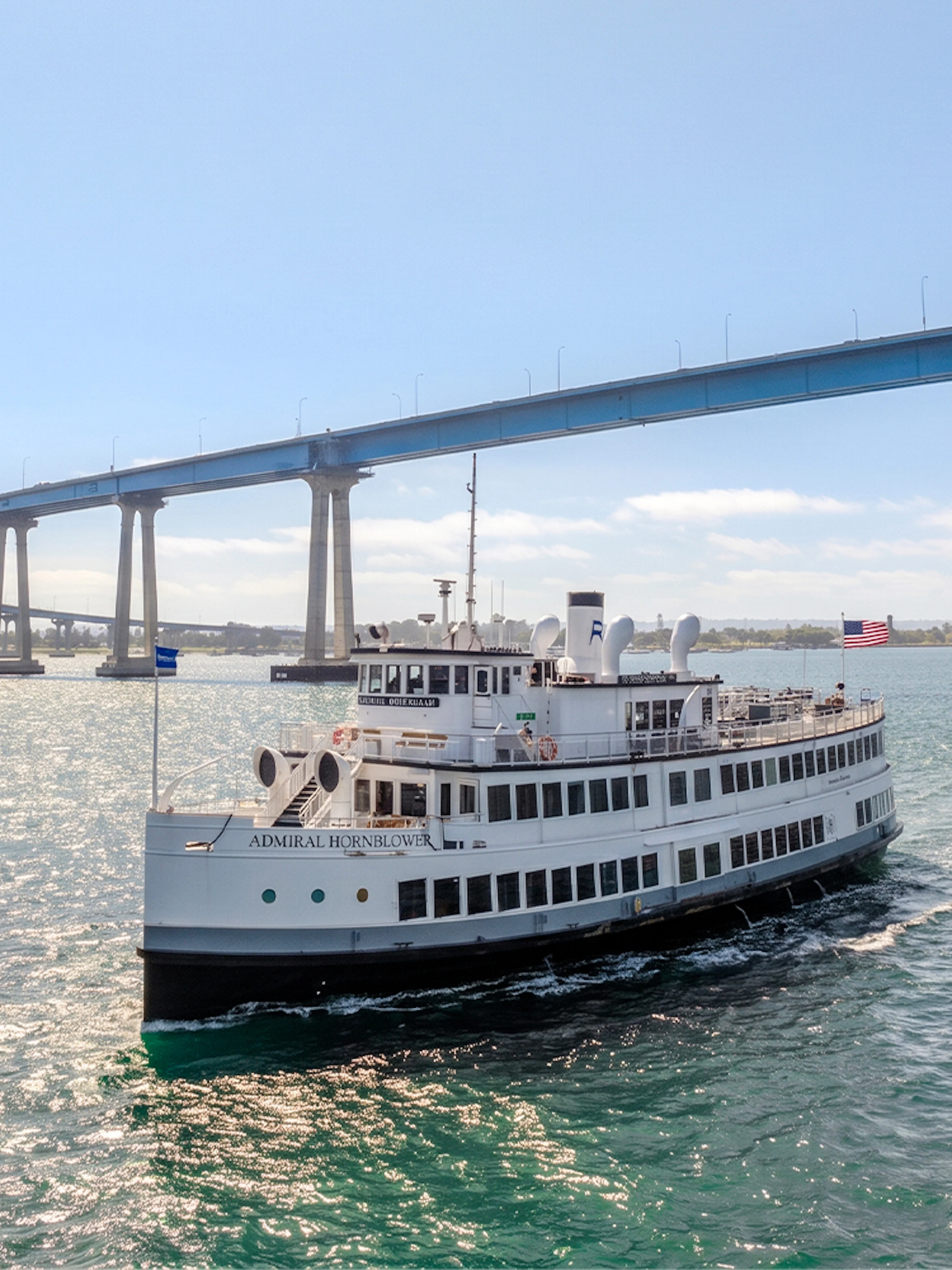 San Diego dinner cruise ship passing under Key Bridge.