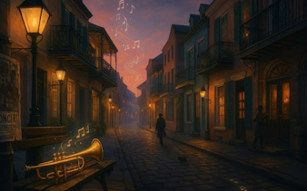 Trumpet on a bench with musical notes in a New Orleans street at dusk.