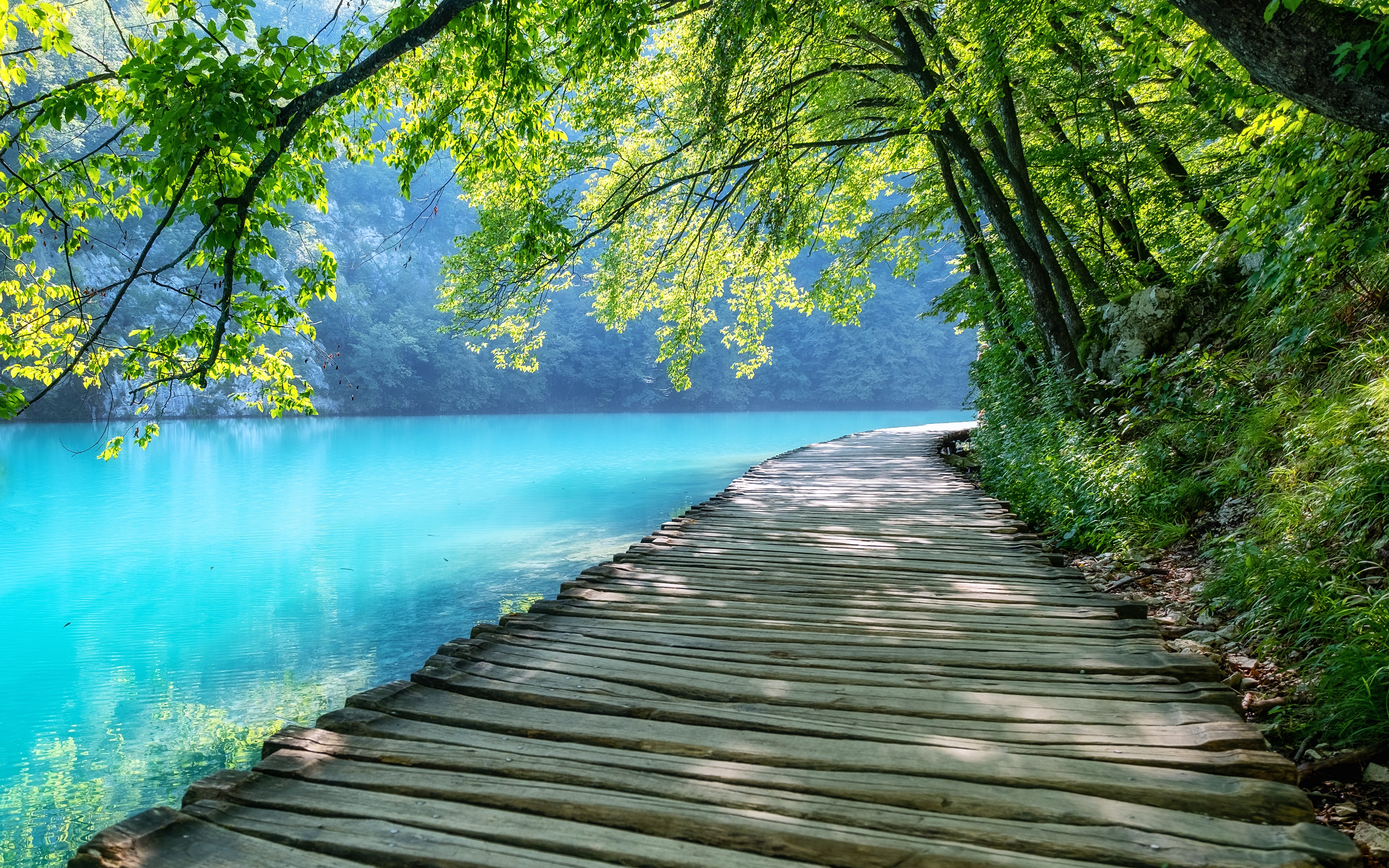 Footpath along turquoise lake in Plitvice Lakes National Park, Croatia.
