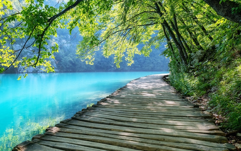 Footpath along turquoise lake in Plitvice Lakes National Park, Croatia.