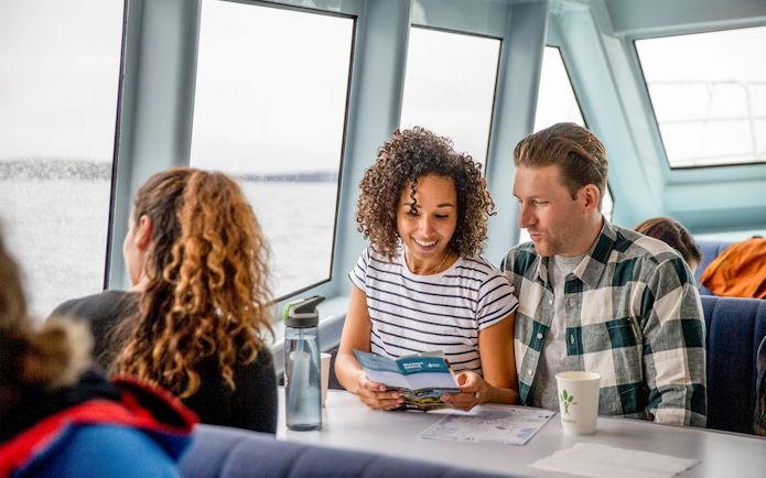 Couple reading brochure on ferry to Ulva Island.