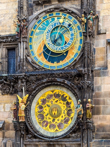 Astronomical Clock in Prague with zodiac signs and detailed sculptures.