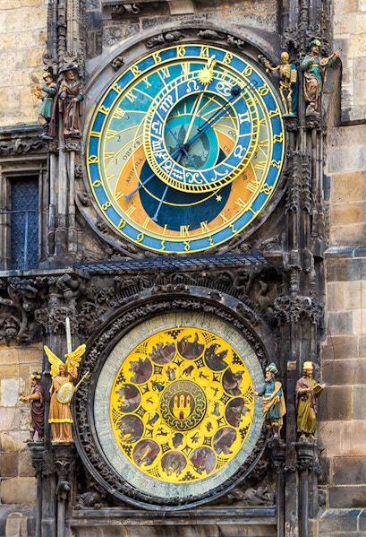 Astronomical Clock in Prague with zodiac signs and detailed sculptures.