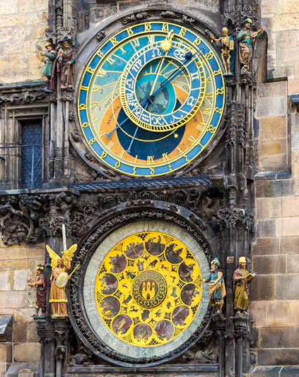 Astronomical Clock in Prague with zodiac signs and detailed sculptures.