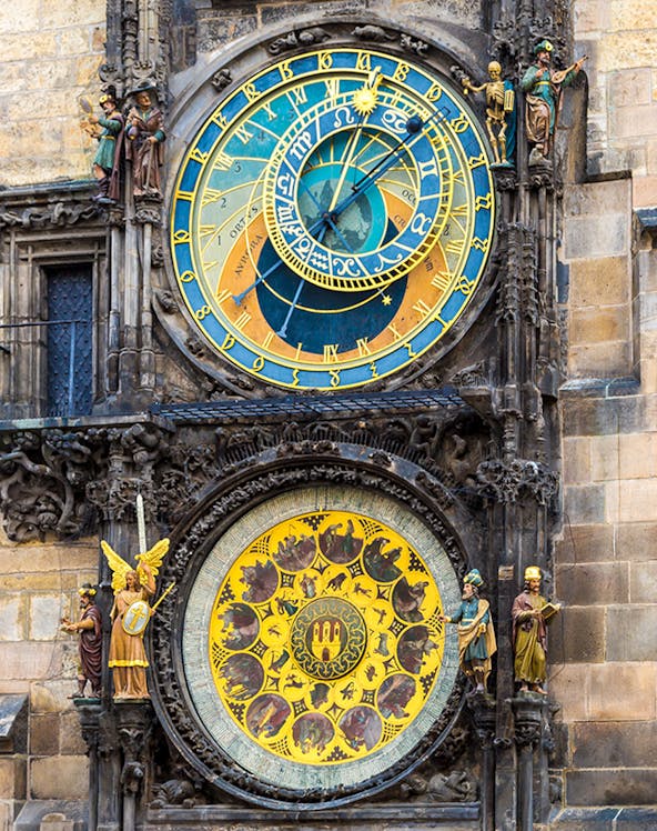 Astronomical Clock in Prague with zodiac signs and detailed sculptures.