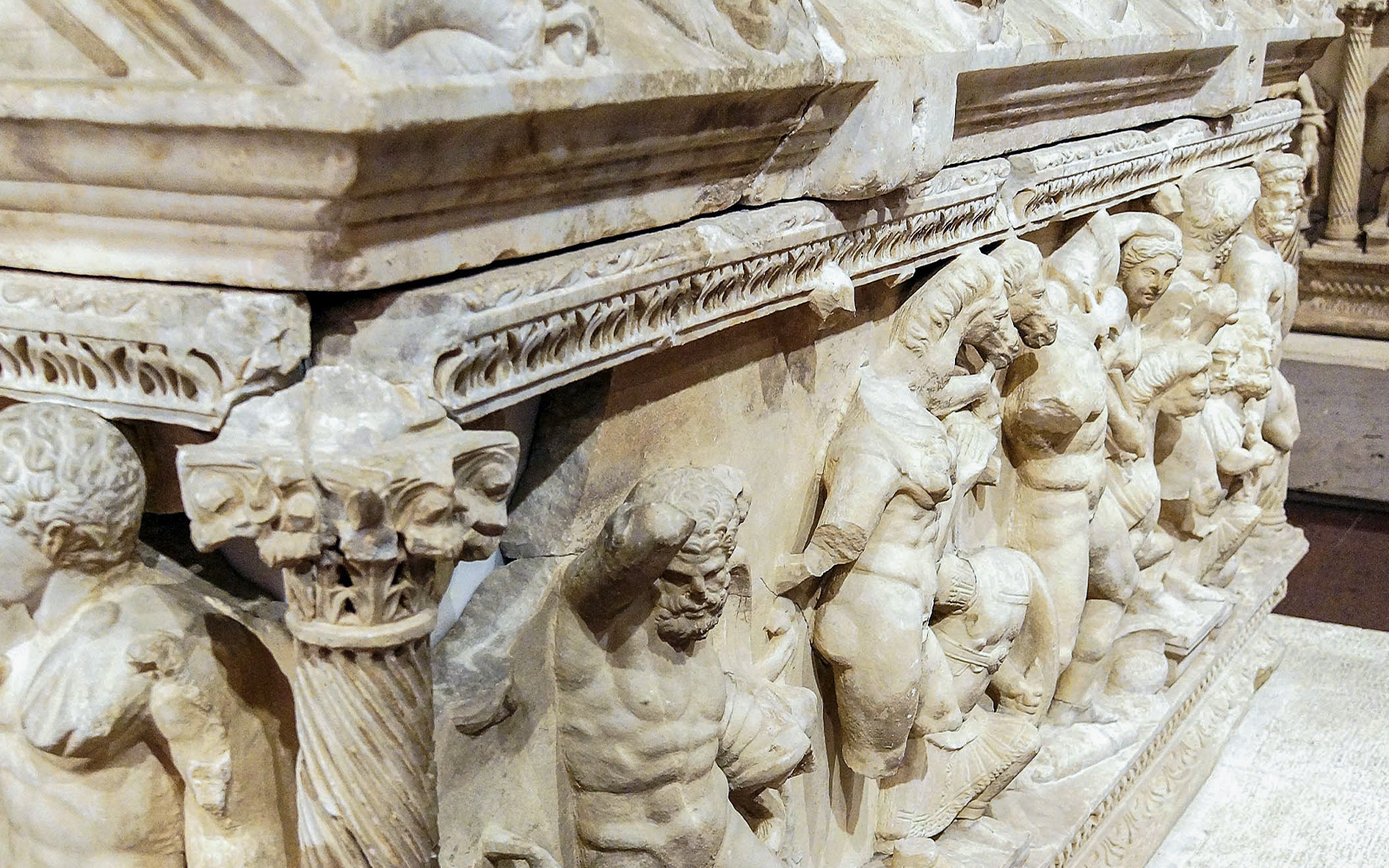 Detailed sarcophagus carving portraying the labors of Hercules, Uffizi Gallery exhibit