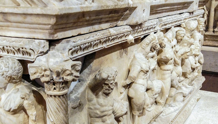 Detailed sarcophagus carving portraying the labors of Hercules, Uffizi Gallery exhibit