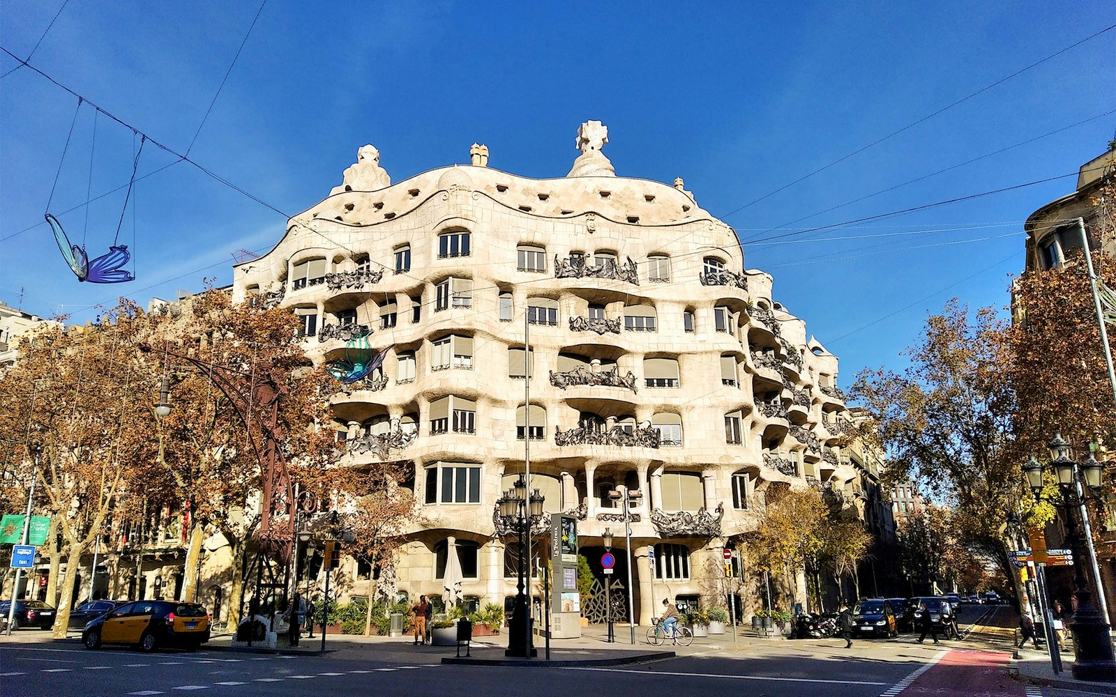 Casa Mila in Barcelona with its unique wavy stone facade and iron balconies.